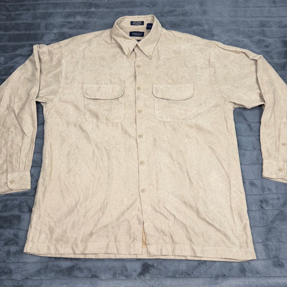 Van Heusen Soft Suede Mens Tan Beige LS Button Down Shirt L 16-16.5 636205